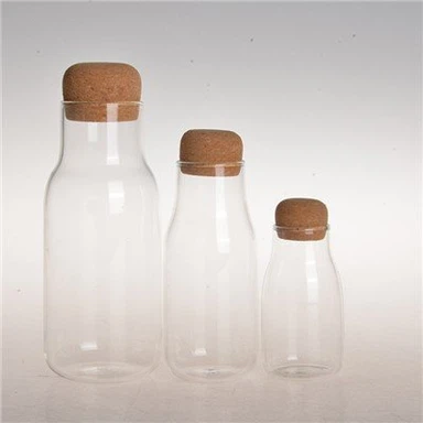 Tarro de vidrio transparente de alto borosilicato con corcho.