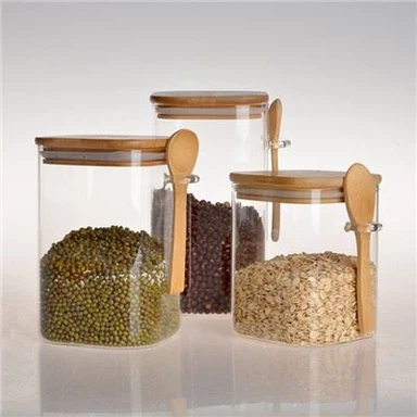 Tarro de almacenamiento de vidrio cuadrado transparente de 3 piezas con tapas de bambú