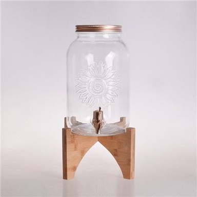 Dispensador de bebidas de vidrio Sun Flower con tapa de metal y soporte de madera