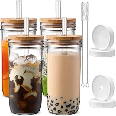 Vasos de vidrio de 24 oz con tapa y pajitas