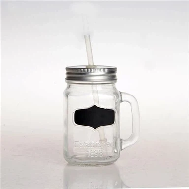 Tarro Mason Con Asa, Tapa Y Pajita